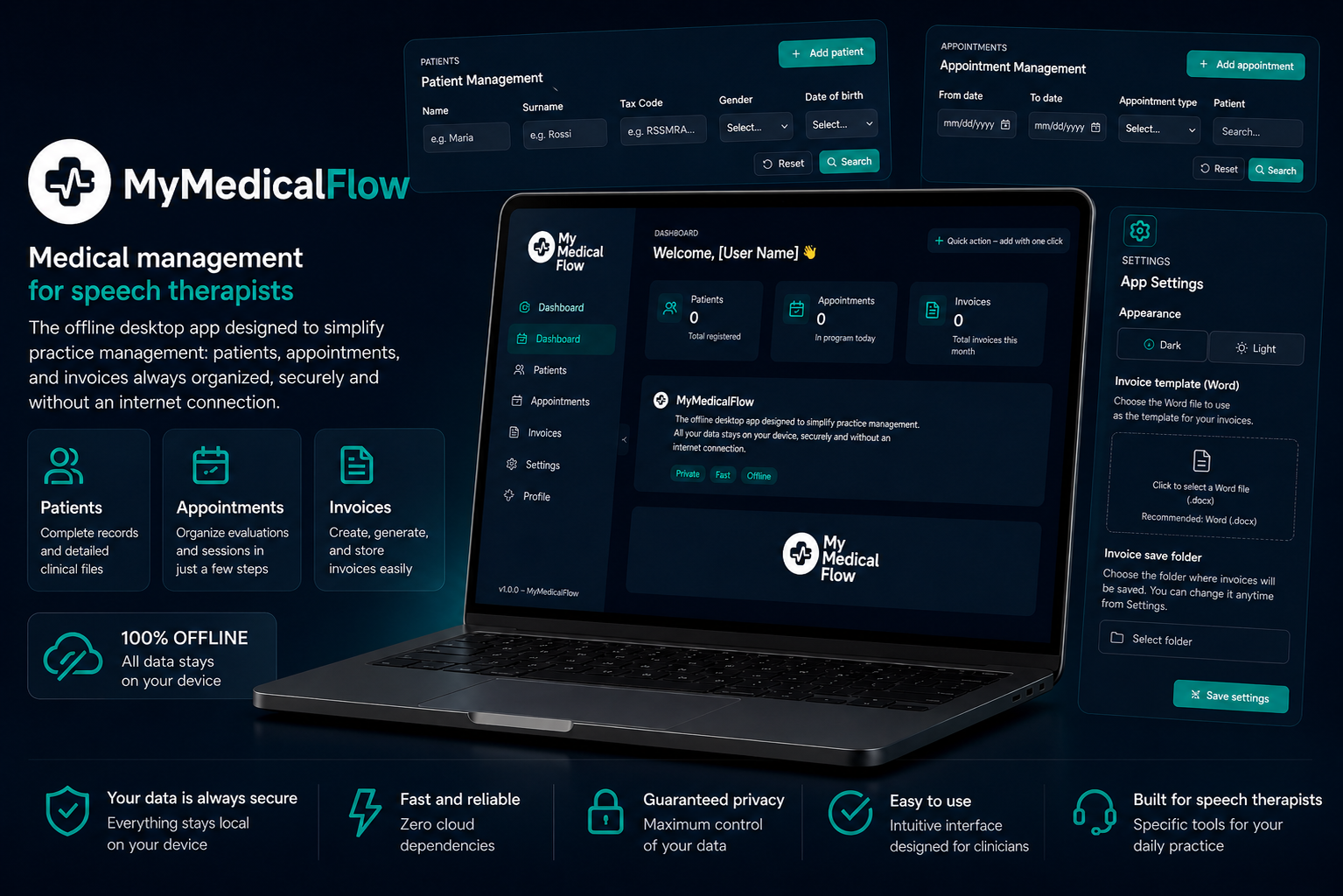 Screenshot dell'applicazione MyMedicalFlow con dati fittizi